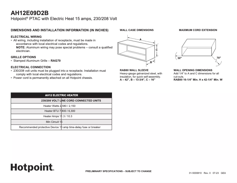 Page 1 de la notice Fiche technique Hotpoint AH12E09D2B