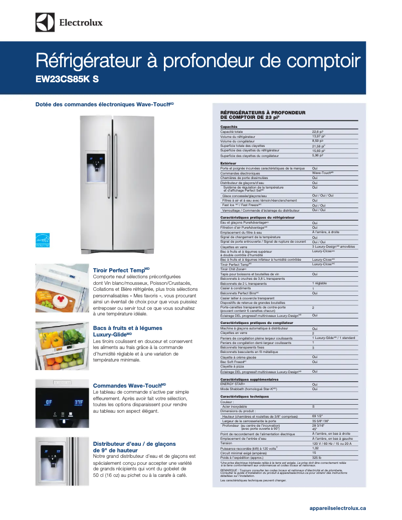 Page 1 de la notice Fiche technique Electrolux EW23CS85KS