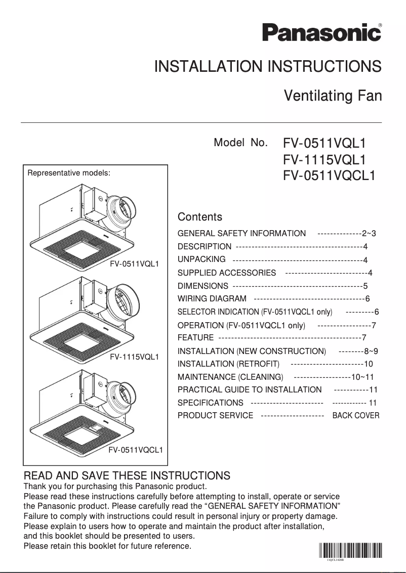 Page 1 de la notice Manuel utilisateur Panasonic FV-0511VQC1