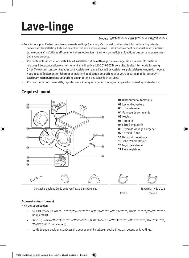 Page 1 de la notice Manuel utilisateur Samsung WW90T684DHE