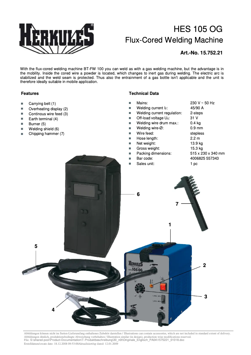 Page 1 de la notice Fiche technique Herkules HES 105 OG