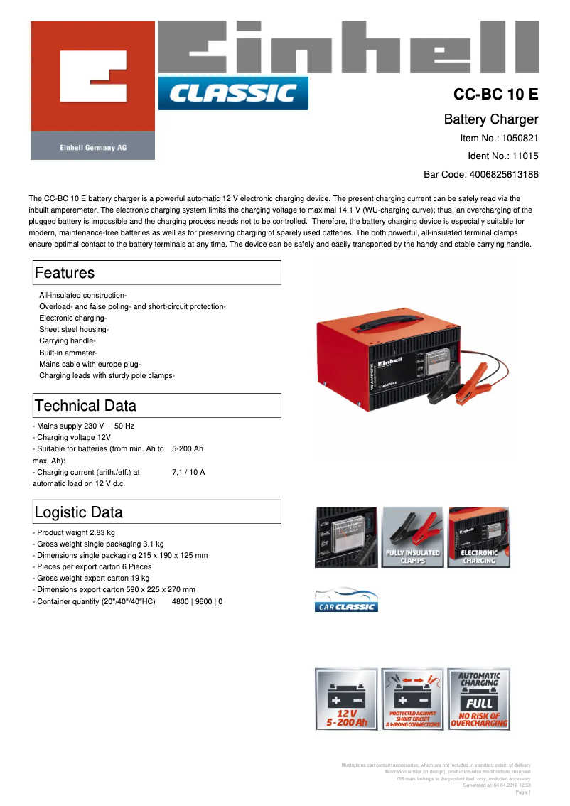 Page 1 de la notice Fiche technique Einhell CC-BC 10 E
