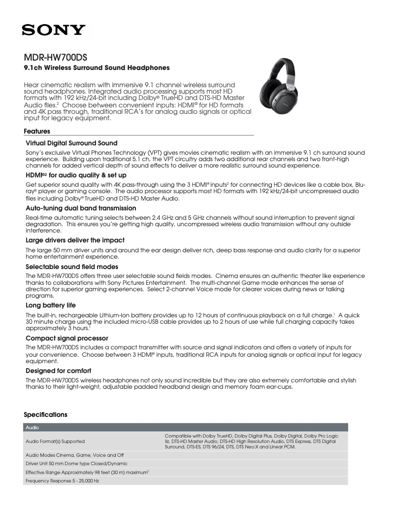 Page 1 de la notice Fiche technique Sony MDR-HW700DS