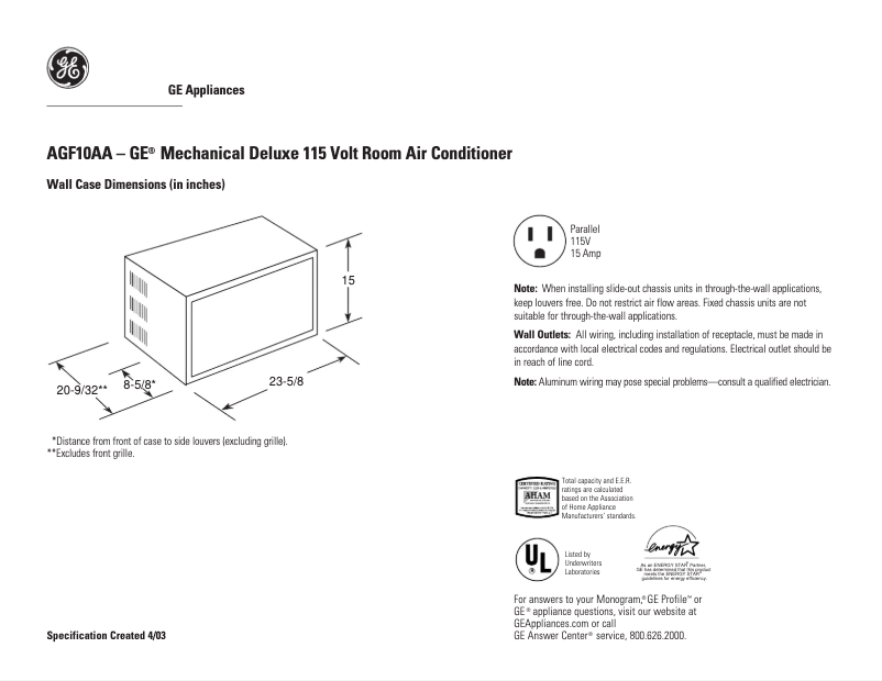 Page 1 de la notice Fiche technique GE AGF10AA