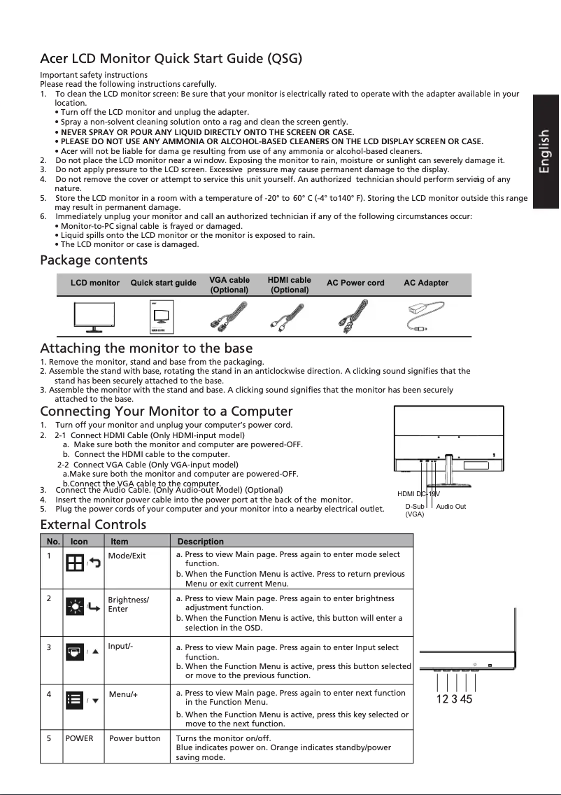 Page 1 de la notice Guide de démarrage rapide Acer EK241Y