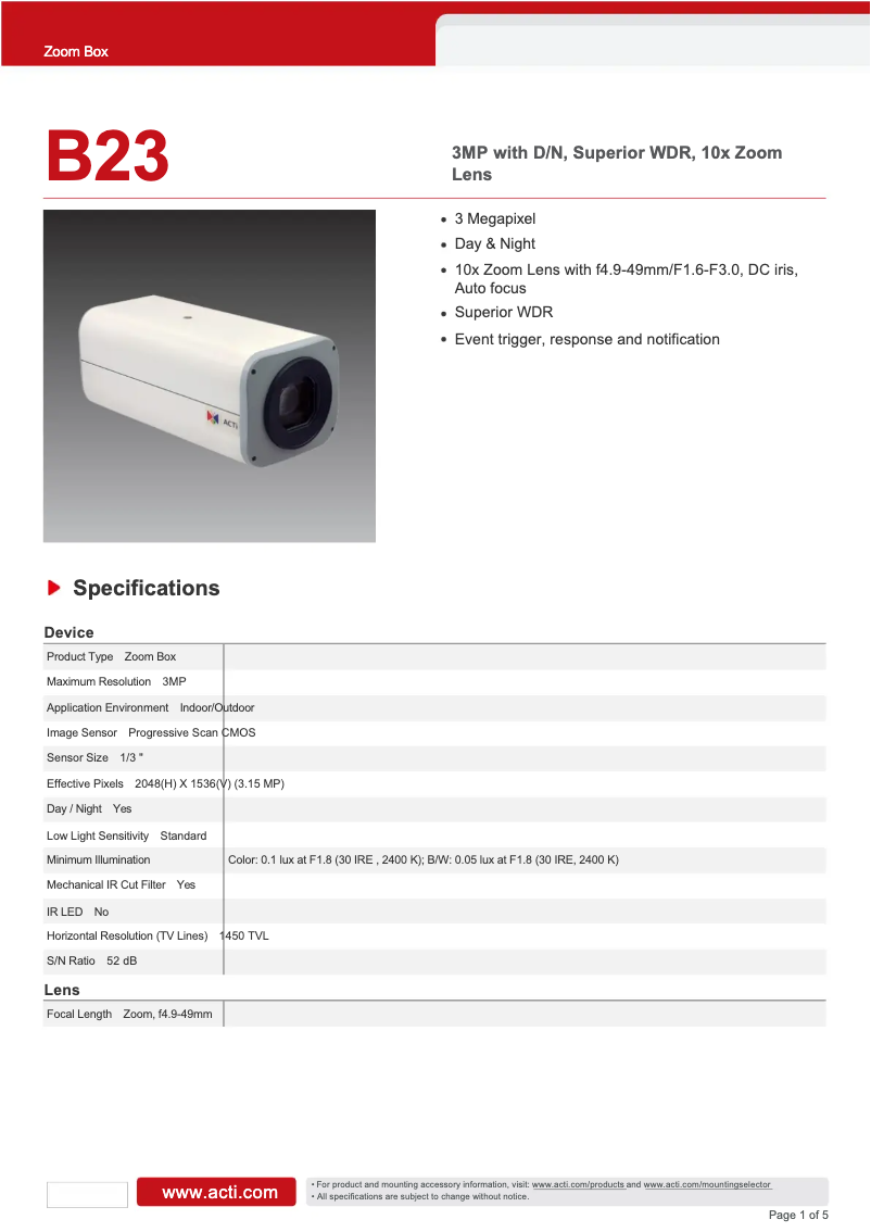 Page 1 de la notice Fiche technique ACTi B23