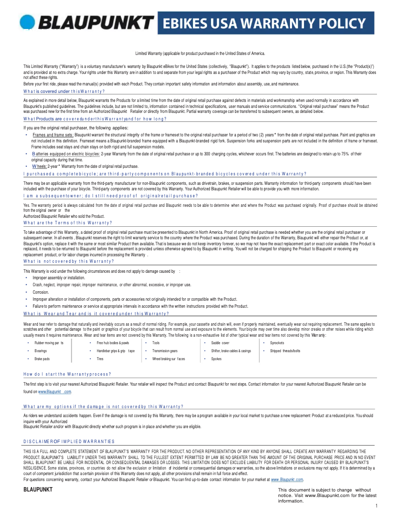Page n°1 - Informations de garantie Blaupunkt FIENE 500