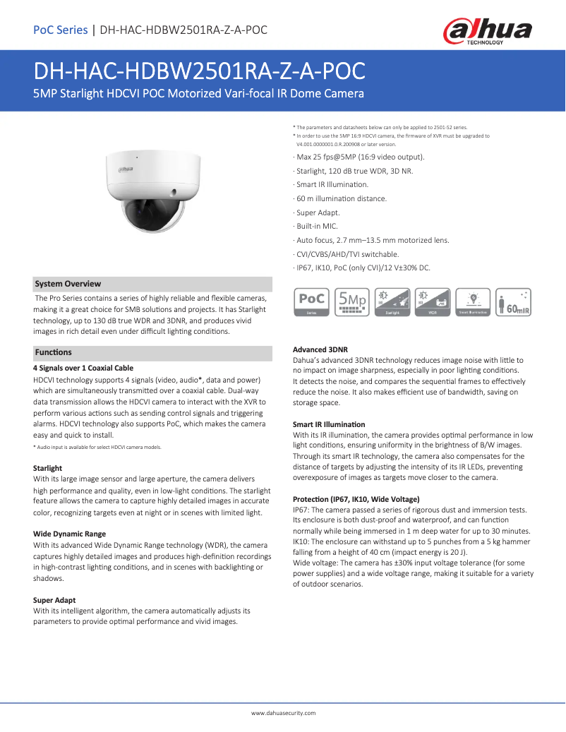 Page 1 de la notice Fiche technique Dahua Technology HAC-HDBW2501RA-Z-A-POC