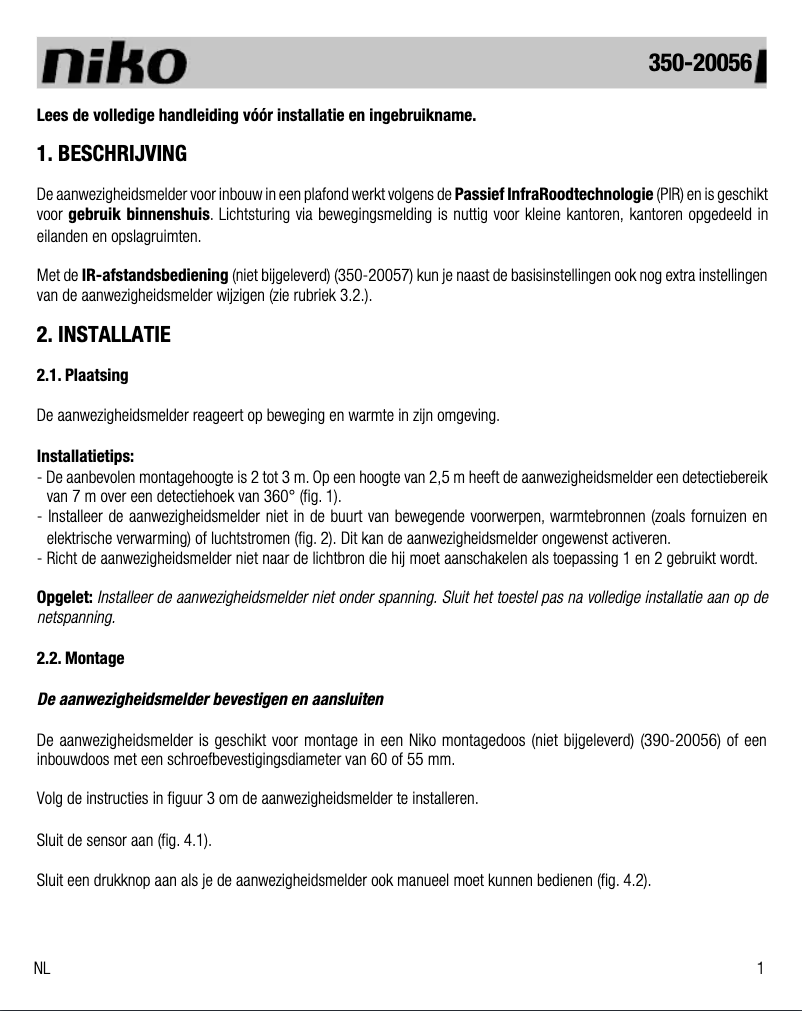 Page 1 de la notice Manuel utilisateur Niko 350-20056