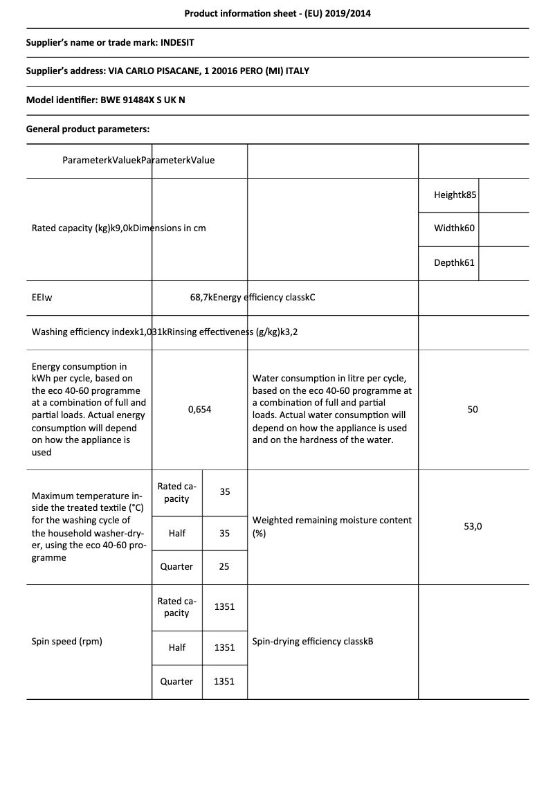Página 1 del manual Ficha técnica Indesit BWE 91484X S UK N