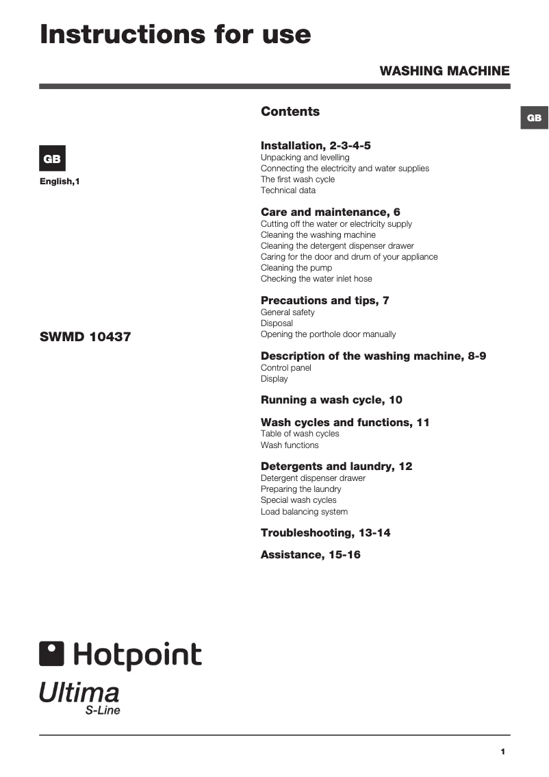 Page 1 de la notice Manuel utilisateur Hotpoint SWMD10437