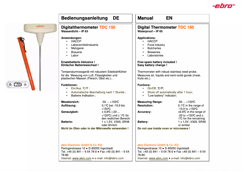 Page 1 de la notice Manuel utilisateur Ebro TDC 150