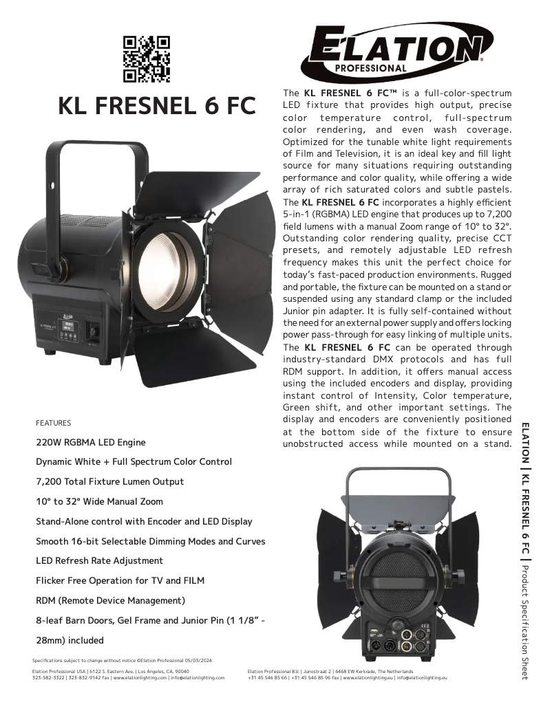 Page 1 de la notice Fiche technique Elation KL Fresnel 6 FC