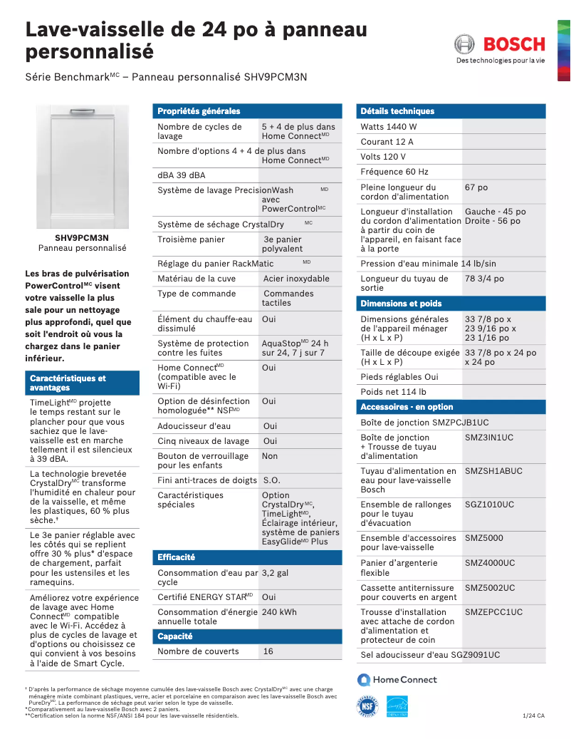 Page 1 de la notice Fiche technique Bosch SHV9PCM3N