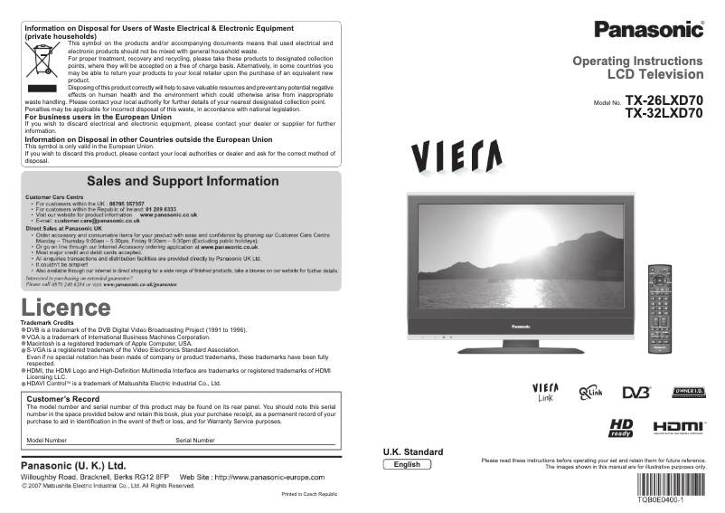 Page 1 de la notice Manuel utilisateur Panasonic Viera TX-26LXD70