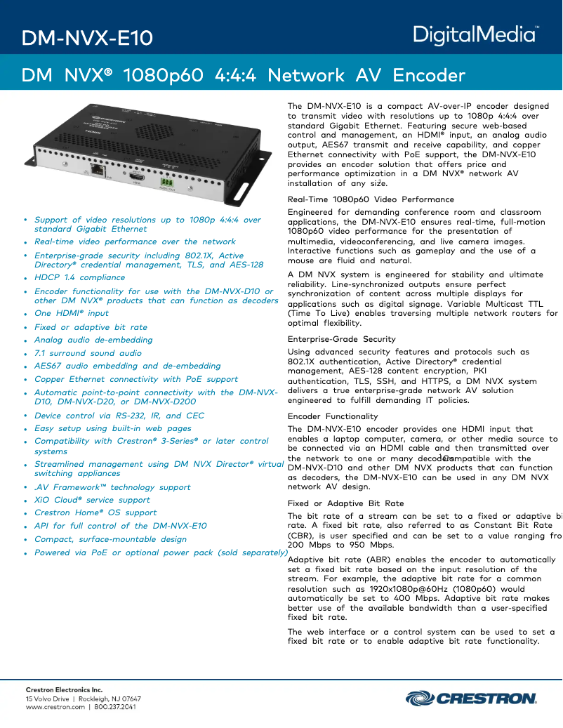 Page 1 de la notice Fiche technique Crestron DM-NVX-E10
