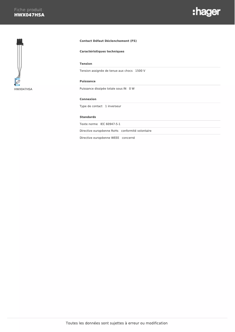 Page 1 de la notice Manuel utilisateur Hager HWX047HSA