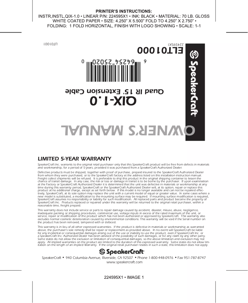 Page 1 de la notice Manuel utilisateur SpeakerCraft QIX-1.0