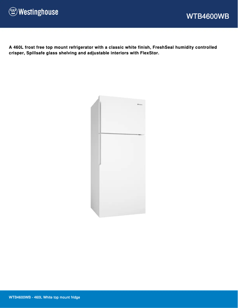 Page 1 de la notice Fiche technique Westinghouse WTB4600WB