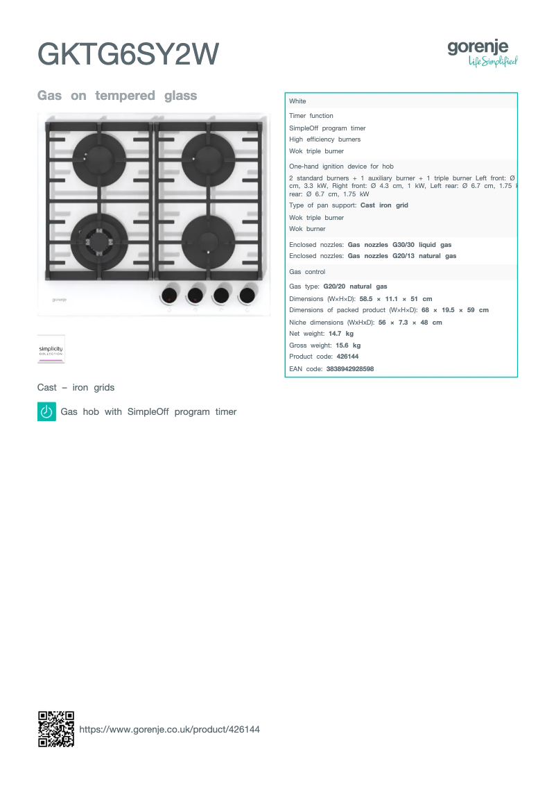 Page n°1 - Fiche technique Gorenje GKTG6SY2W