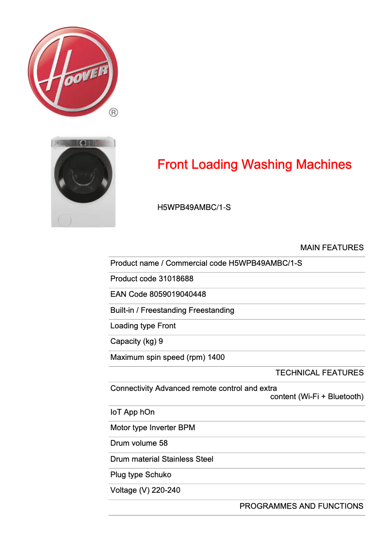 Page n°1 - Fiche technique Hoover H5WPB49AMBC/1-S