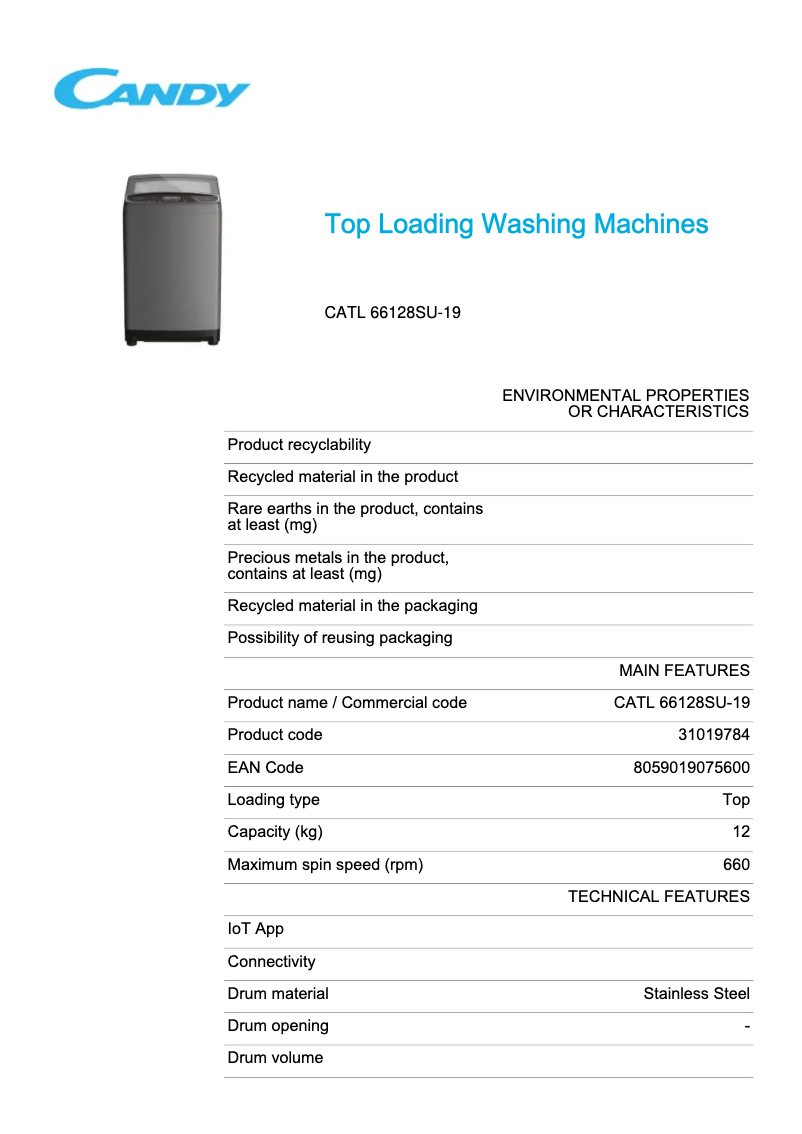 Page 1 de la notice Manuel utilisateur Candy CATL 66128SU-19