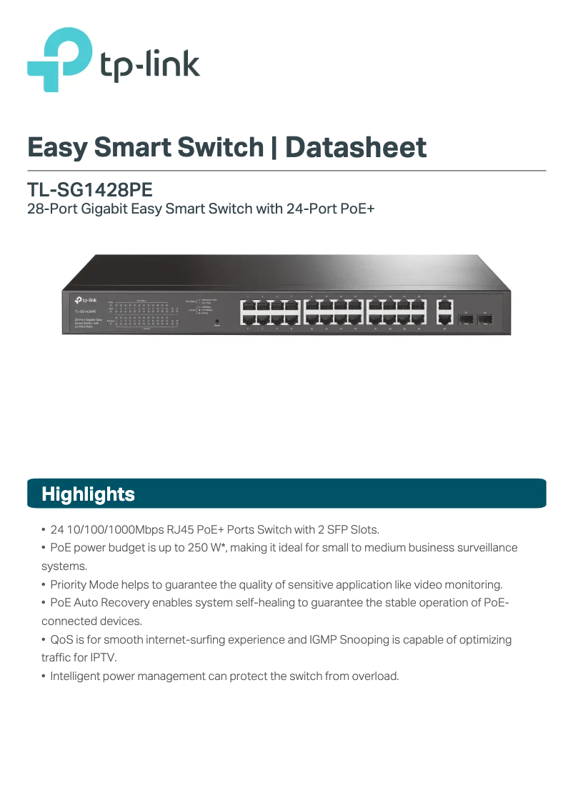 Imagen de la primera página del manual del dispositivo EasySmart TL-SG1428PE