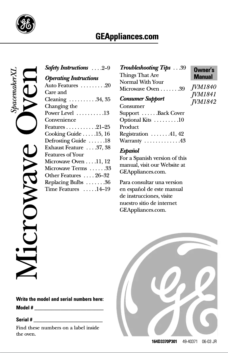 Página 1 del manual Manual de uso y mantenimiento GE JVM1840WD