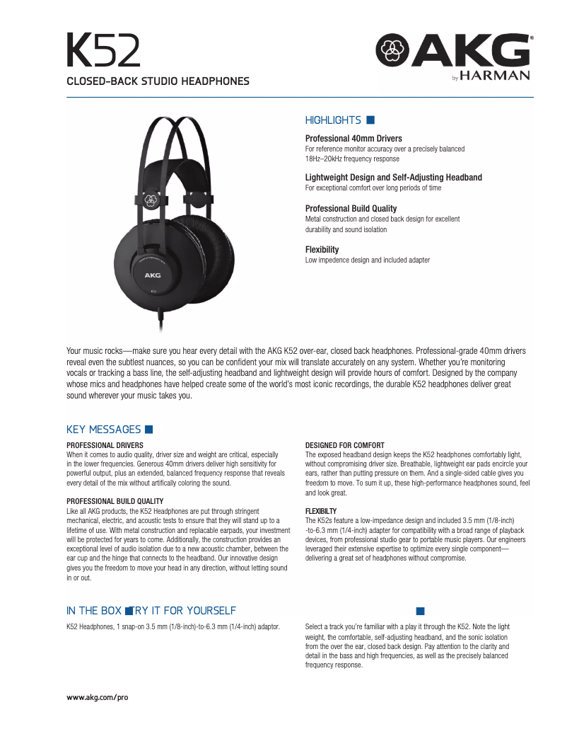 Page 1 de la notice Fiche technique AKG K52