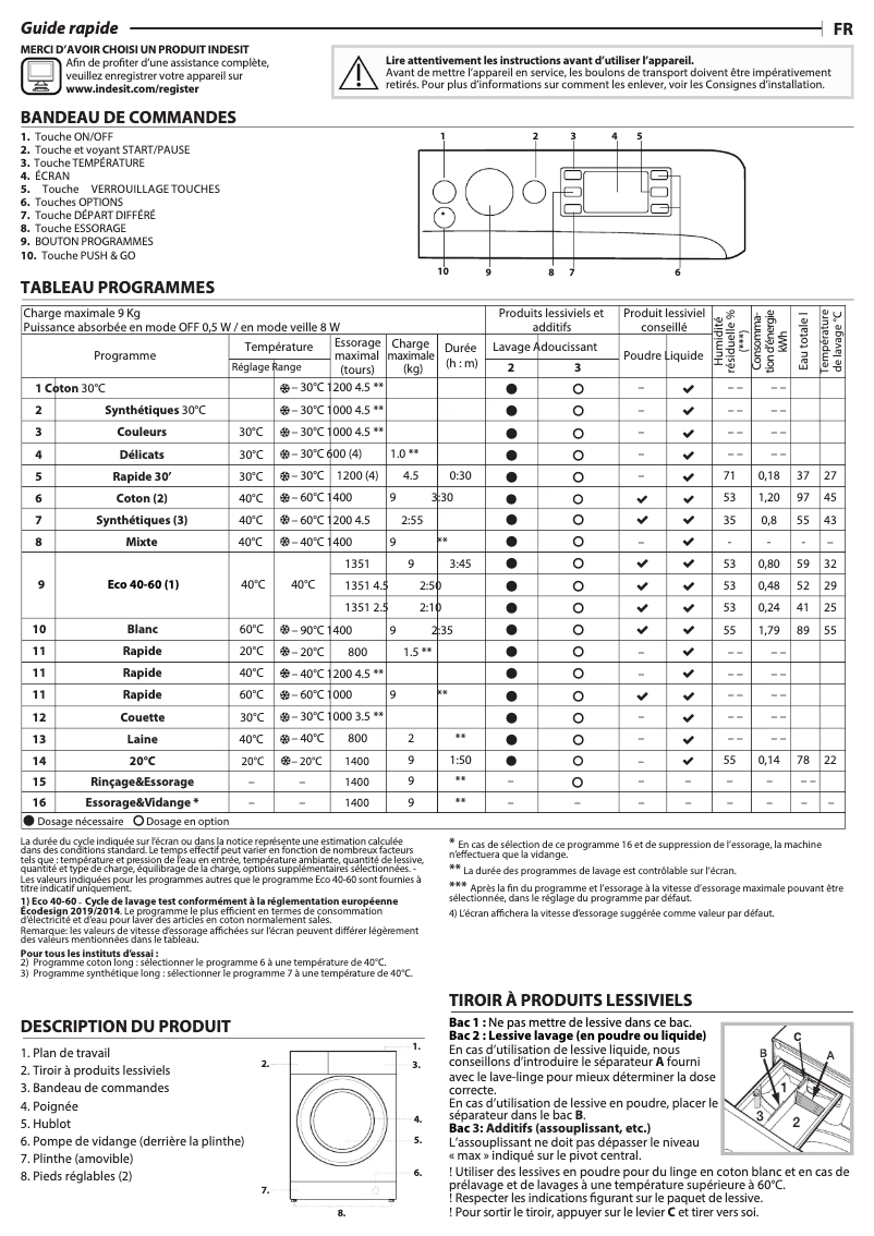 Page 1 de la notice Manuel utilisateur Indesit BWEBE 91496X WK N