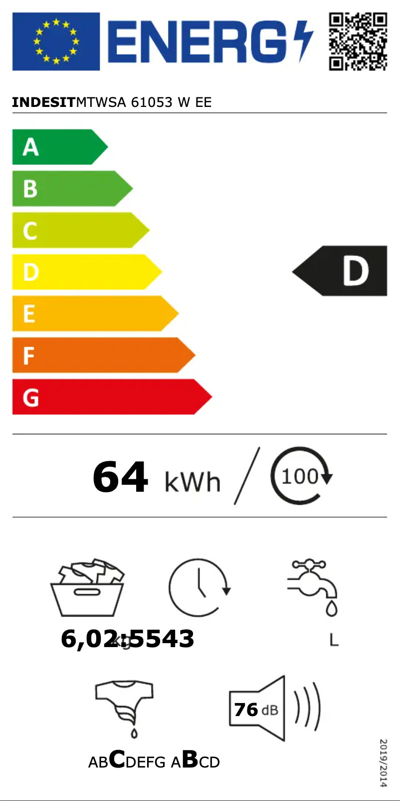 Page n°1 - Label énergétique Indesit MTWSA 61053 W EE