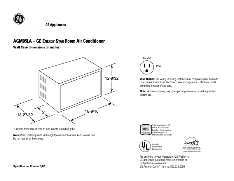 Page 1 de la notice Fiche technique GE AGM05LA