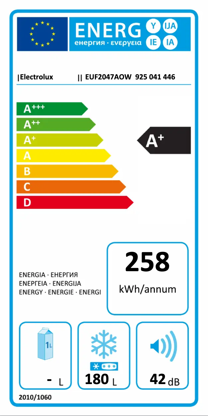 Page 1 de la notice Label énergétique Electrolux EUF2047AOW