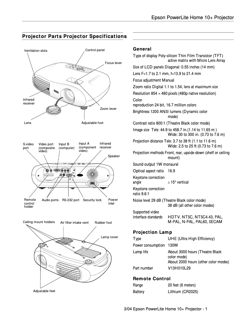 Page 1 de la notice Fiche technique Epson PowerLite Home 10+