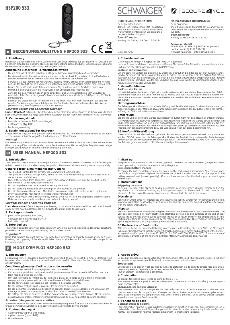 Page 1 de la notice Manuel utilisateur Schwaiger HSP200 533