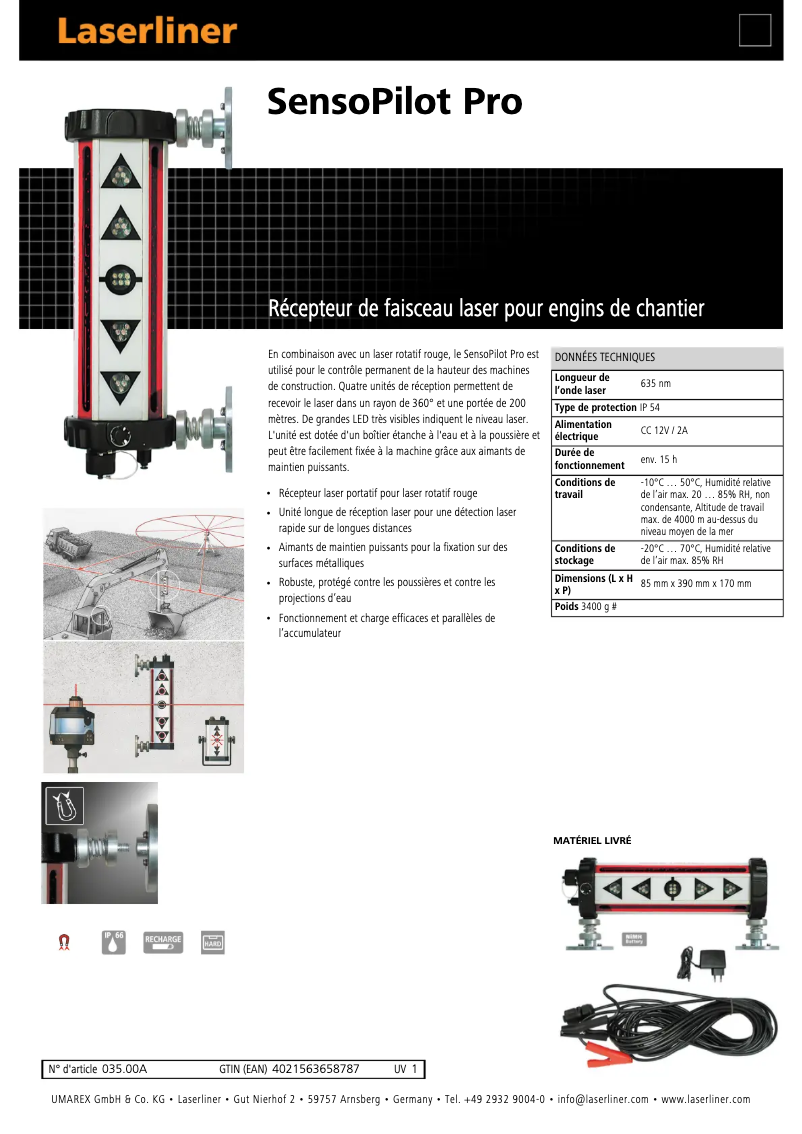 Page 1 de la notice Fiche technique Laserliner SensoPilot Pro