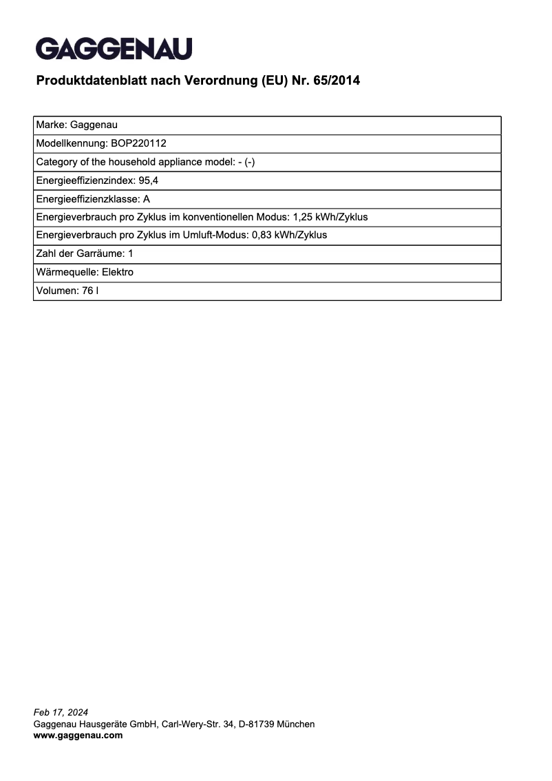 Page 1 de la notice Fiche technique Gaggenau BOP220112