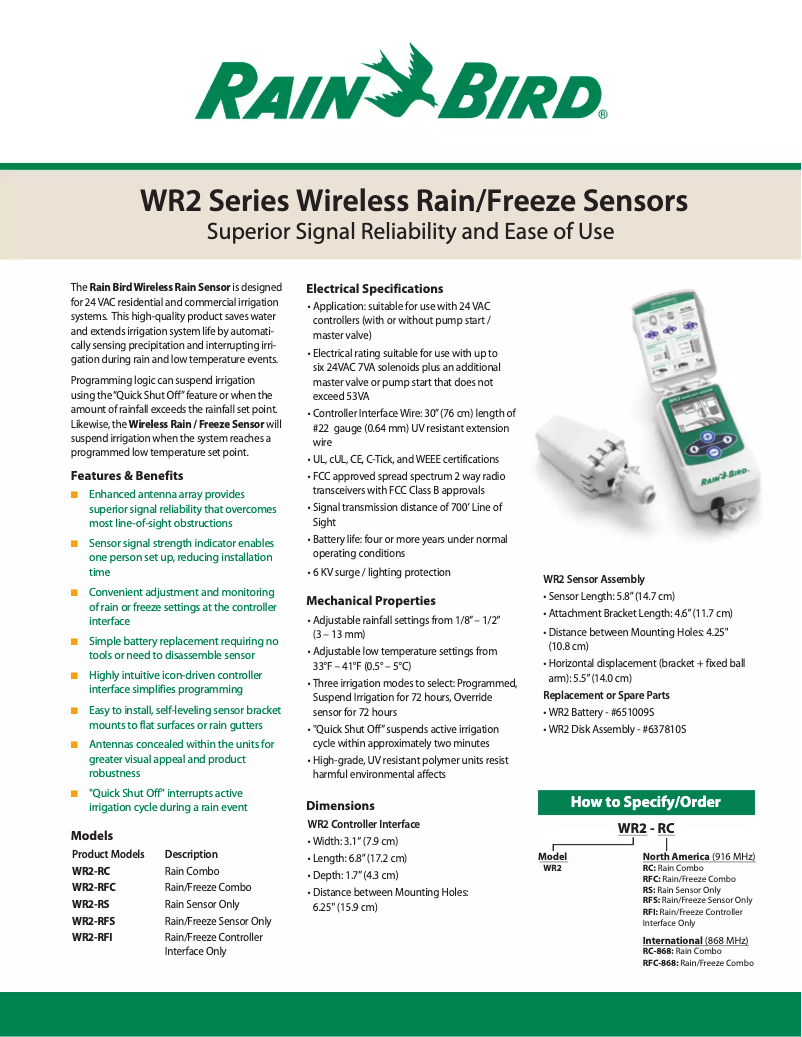 Page 1 de la notice Fiche technique Rain Bird WR2