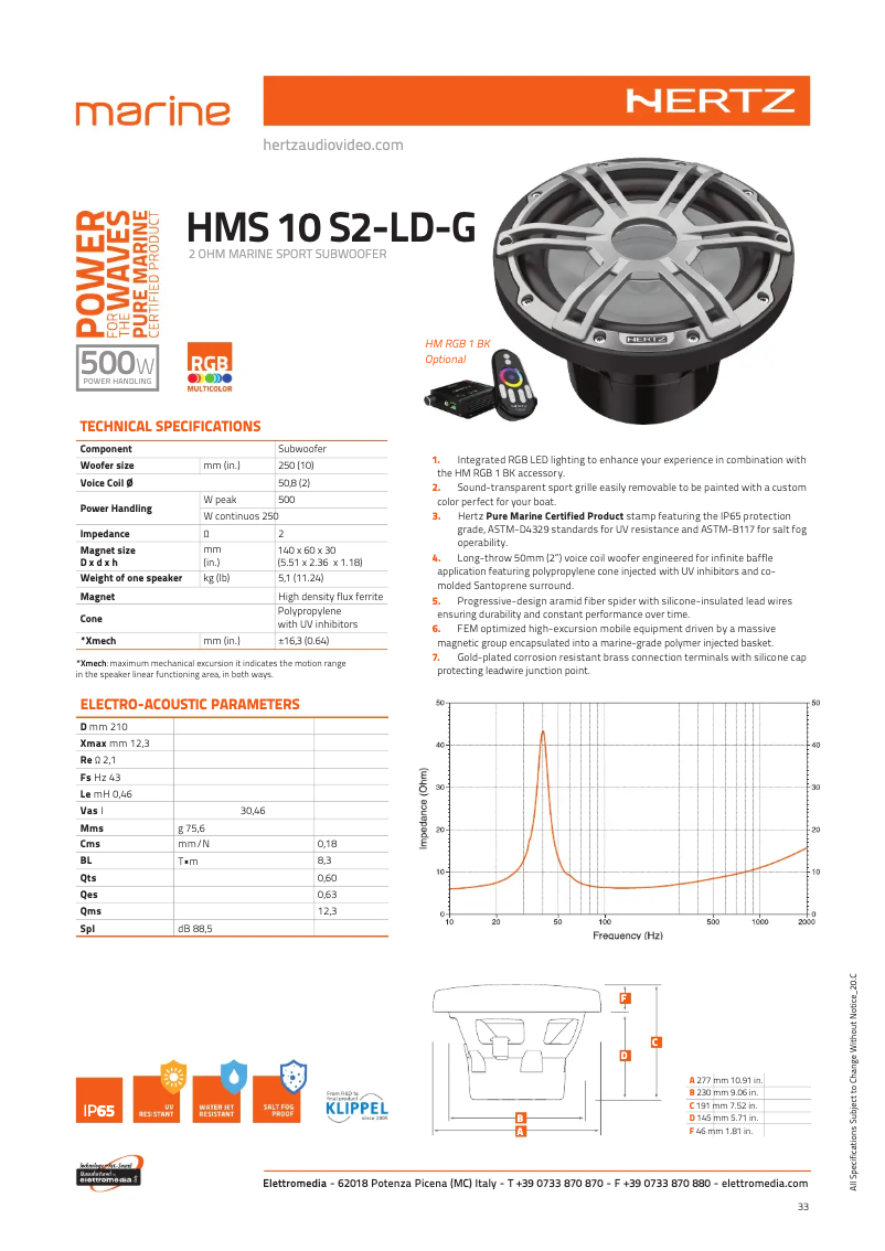 Page 1 de la notice Fiche technique Hertz Marine HMS 10 S2-LD-SW