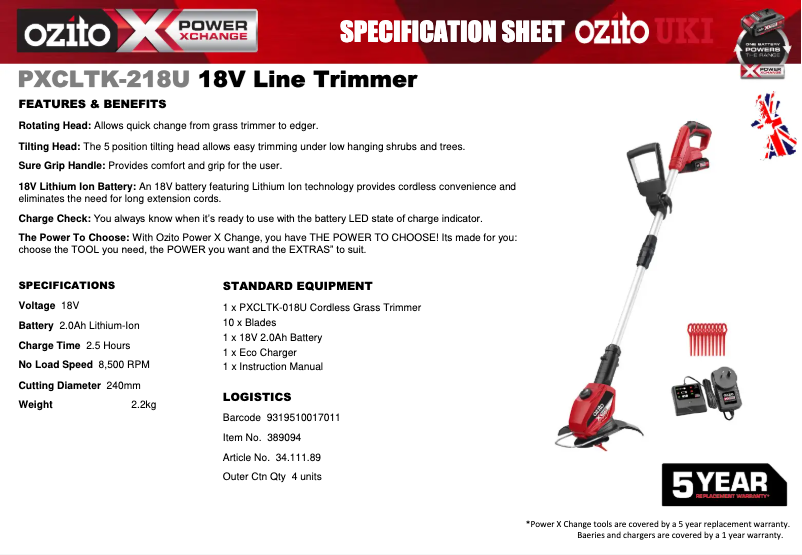 Page 1 de la notice Fiche technique Ozito PXCLTK-218U