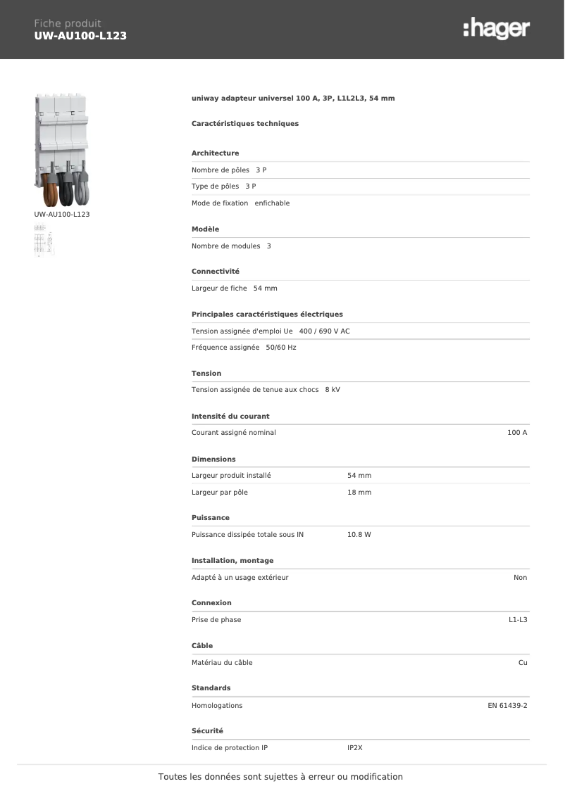 Page n°1 - Manuel utilisateur Hager UW-AU100-L123