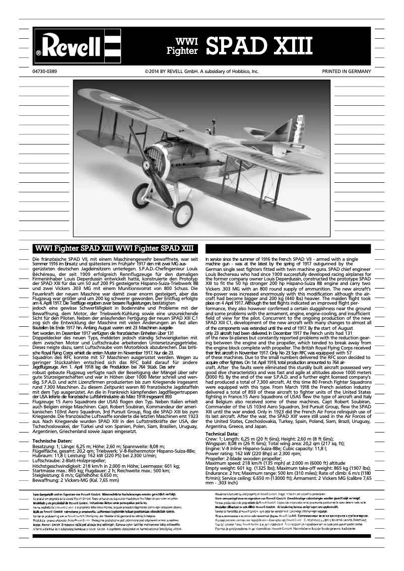 Image de la première page du manuel de l'appareil WWI Fighter SPAD XIII