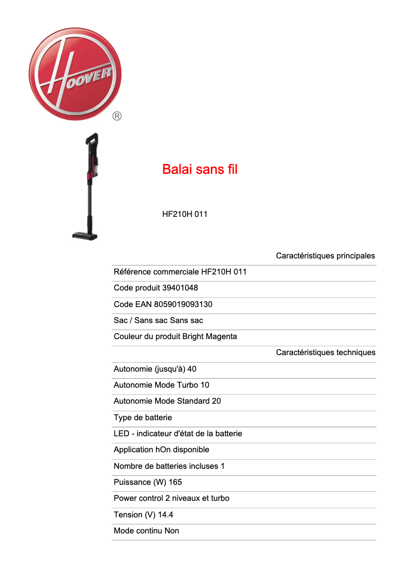 Page n°1 - Fiche technique Hoover HF210H 011