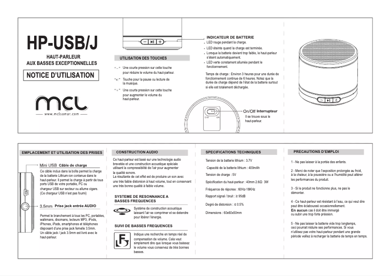 Page 1 de la notice Manuel utilisateur MCL HP-USB/J