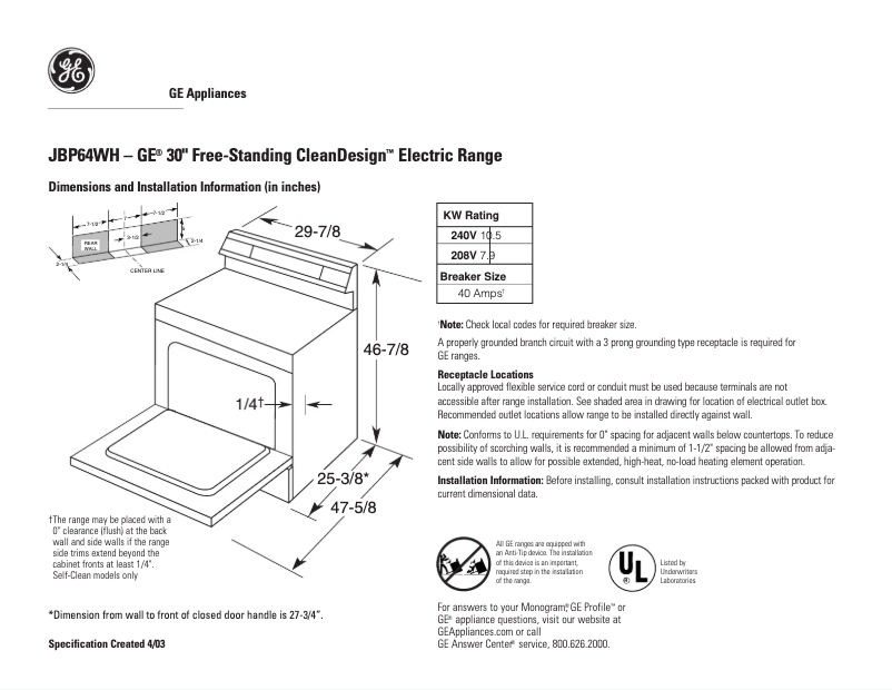 Page n°1 - Fiche technique GE JBP64WHWW
