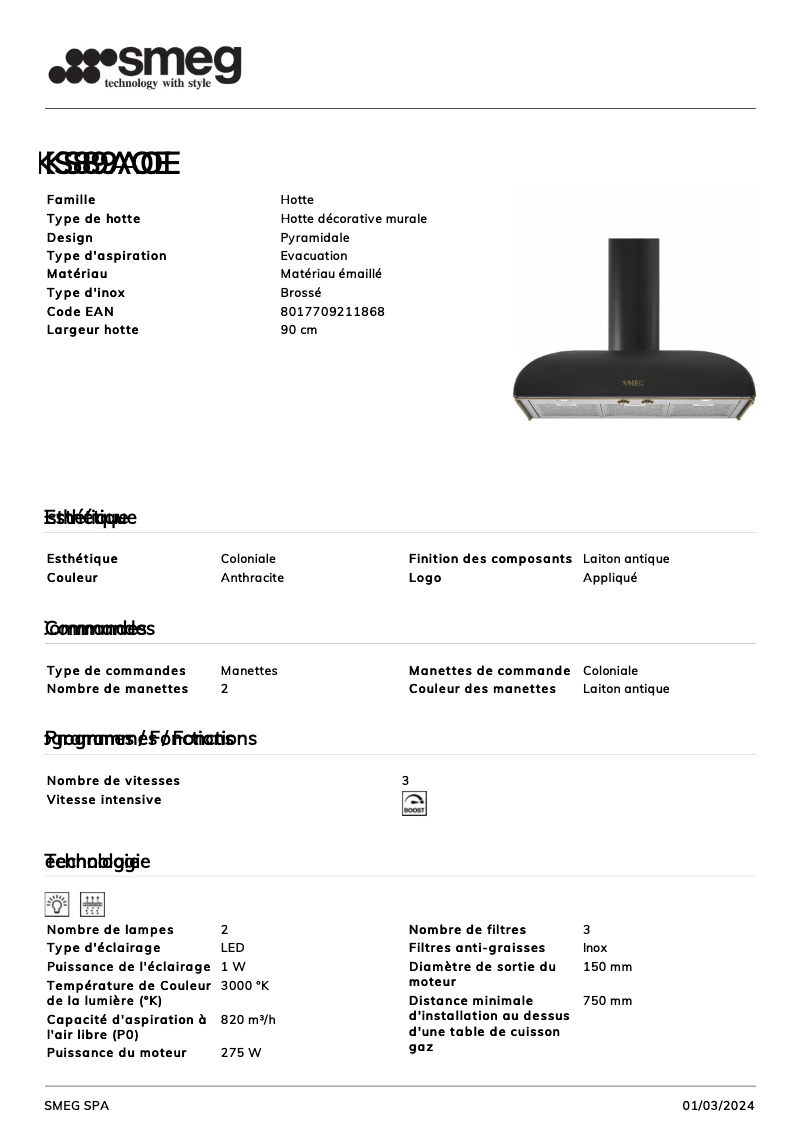 Page 1 de la notice Fiche technique Smeg KS89AOE