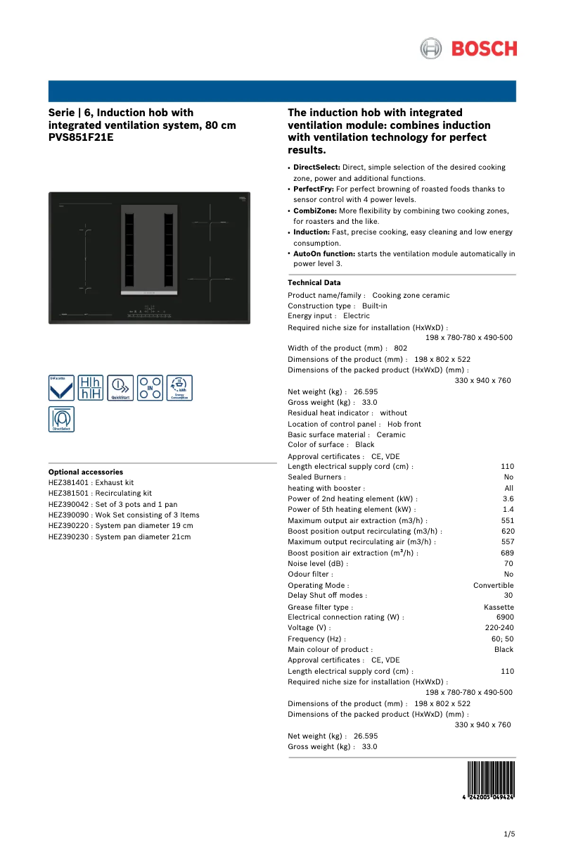 Page 1 de la notice Fiche technique Bosch PVS851F21E
