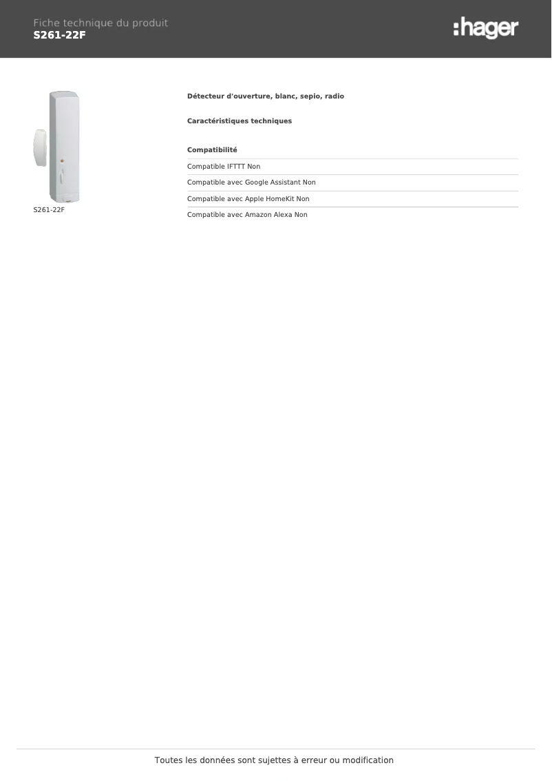 Page 1 de la notice Fiche technique Hager S261-22F