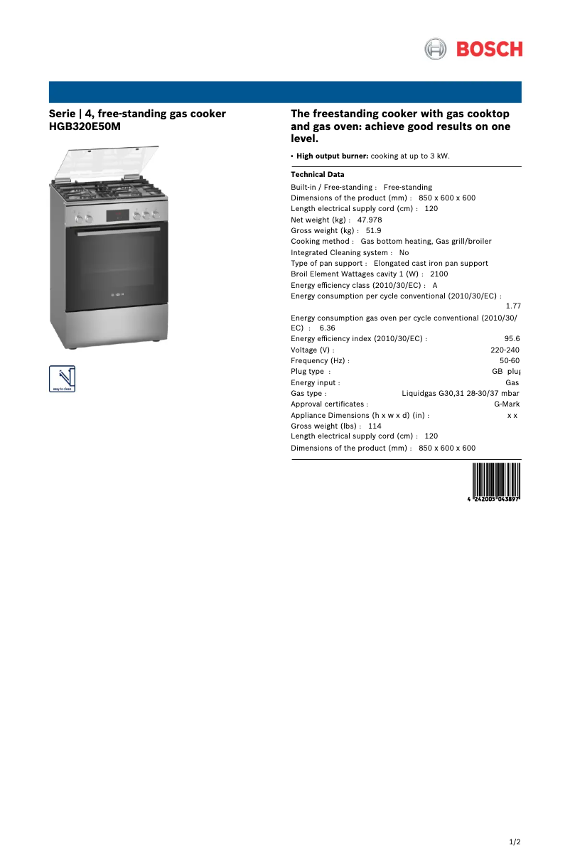 Página 1 del manual Ficha técnica Bosch HGB320E50M