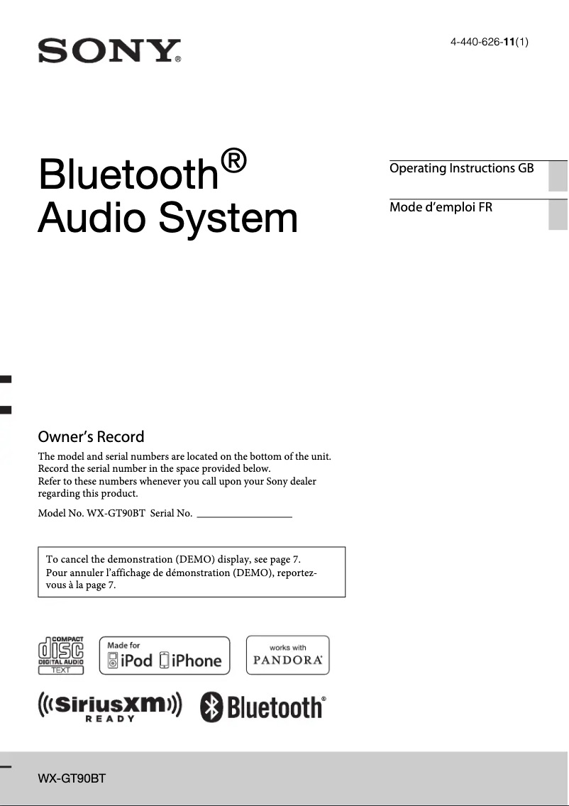 Page 1 de la notice Manuel utilisateur Sony WX-GT90BT